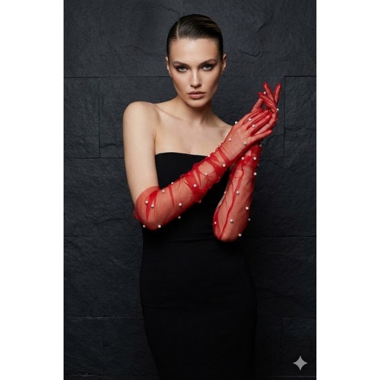 Noctyra Pearl Mesh Couture Kırmızı Eldiven &ndash; Uzun T&uuml;l İnci Detaylı L&uuml;ks Davet Aksesuarı-NOCTYRA-6