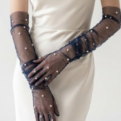 Noctyra Pearl Mesh Couture Lacivert Eldiven &ndash; Uzun T&uuml;l İnci Detaylı L&uuml;ks Davet Aksesuarı-NOCTYRA-7