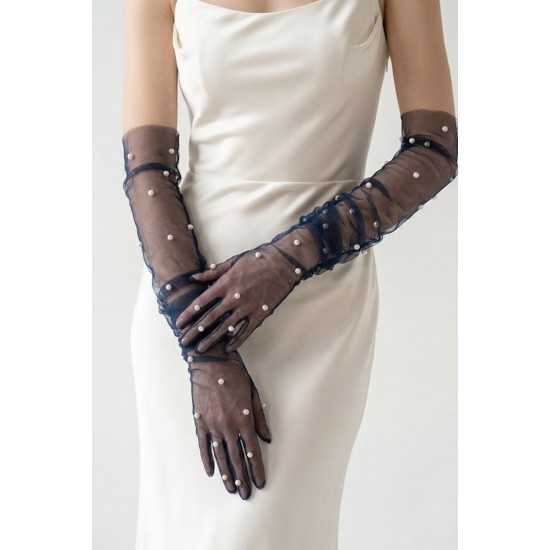 Noctyra Pearl Mesh Couture Lacivert Eldiven &ndash; Uzun T&uuml;l İnci Detaylı L&uuml;ks Davet Aksesuarı-NOCTYRA-7