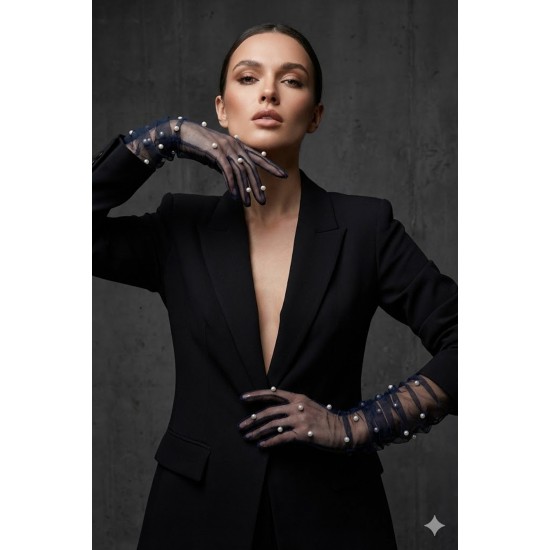 Noctyra Pearl Mesh Couture Lacivert Eldiven &ndash; Uzun T&uuml;l İnci Detaylı L&uuml;ks Davet Aksesuarı-NOCTYRA-7