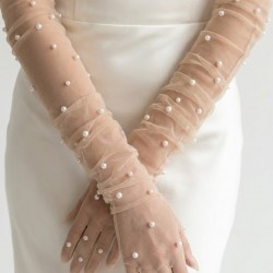 Noctyra Pearl Mesh Couture Ten Rengi Eldiven &ndash; Uzun T&uuml;l İnci Detaylı L&uuml;ks Davet Aksesuarı-NOCTYRA-8