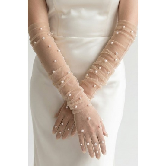 Noctyra Pearl Mesh Couture Ten Rengi Eldiven &ndash; Uzun T&uuml;l İnci Detaylı L&uuml;ks Davet Aksesuarı-NOCTYRA-8