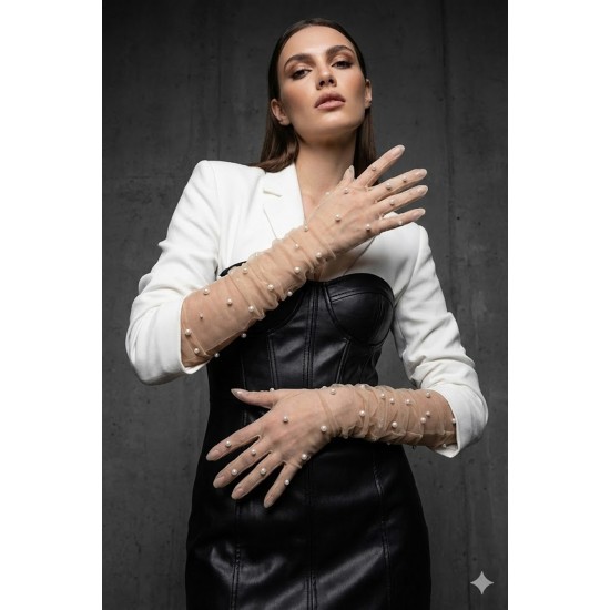 Noctyra Pearl Mesh Couture Ten Rengi Eldiven &ndash; Uzun T&uuml;l İnci Detaylı L&uuml;ks Davet Aksesuarı-NOCTYRA-8