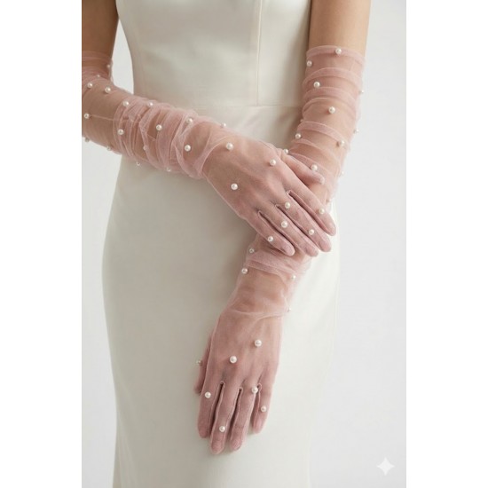 Noctyra Pearl Mesh Couture Pudra Eldiven &ndash; Uzun T&uuml;l İnci Detaylı L&uuml;ks Davet Aksesuarı-NOCTYRA-9