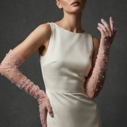 Noctyra Pearl Mesh Couture Pudra Eldiven &ndash; Uzun T&uuml;l İnci Detaylı L&uuml;ks Davet Aksesuarı-NOCTYRA-9