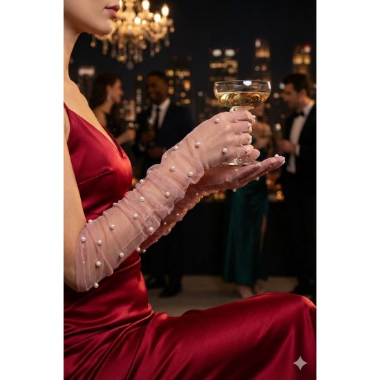 Noctyra Pearl Mesh Couture Pudra Eldiven &ndash; Uzun T&uuml;l İnci Detaylı L&uuml;ks Davet Aksesuarı-NOCTYRA-9