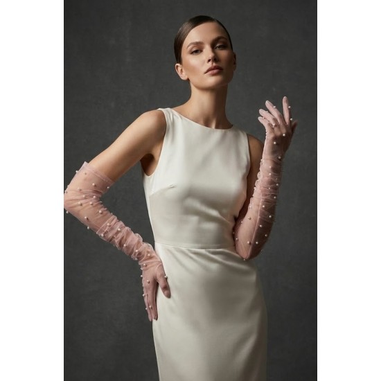 Noctyra Pearl Mesh Couture Pudra Eldiven &ndash; Uzun T&uuml;l İnci Detaylı L&uuml;ks Davet Aksesuarı-NOCTYRA-9