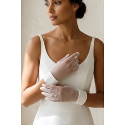 Noirvelle Sheer Beyaz T&uuml;l Eldiven &ndash; Manşetli Kısa L&uuml;ks Gelin ve Davet Aksesuarı-NOIRVELLE-1