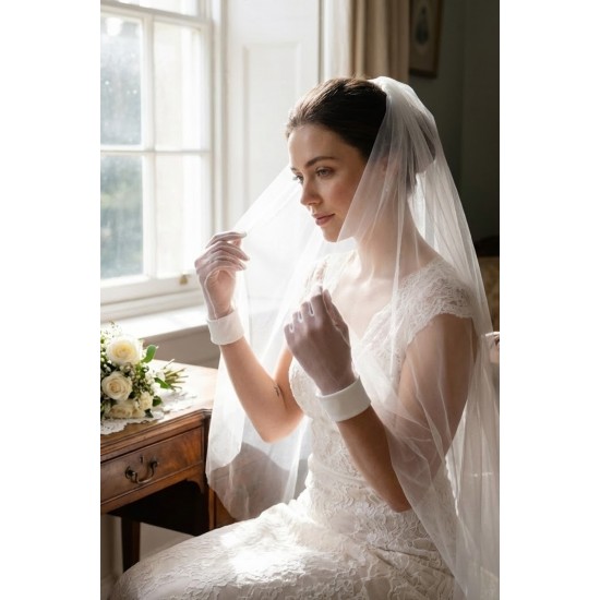 Noirvelle Sheer Beyaz T&uuml;l Eldiven &ndash; Manşetli Kısa L&uuml;ks Gelin ve Davet Aksesuarı-NOIRVELLE-1