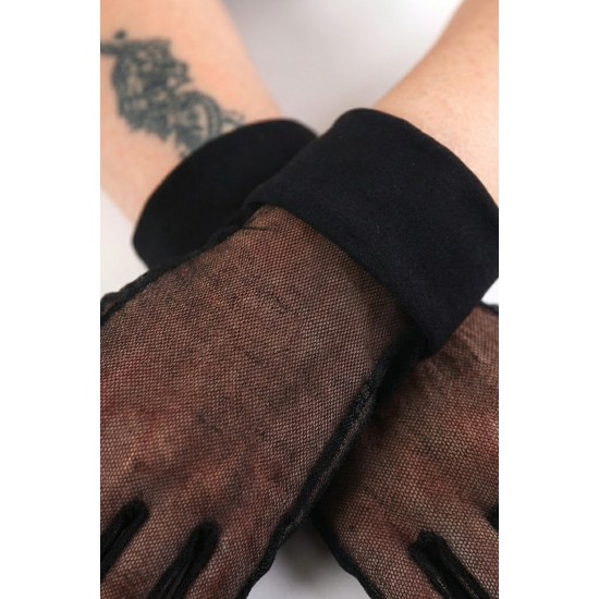 Noirvelle Sheer Siyah T&uuml;l Eldiven &ndash; Manşetli Kısa L&uuml;ks Gelin ve Davet Aksesuarı-NOIRVELLE-2