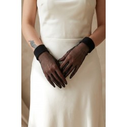 Noirvelle Sheer Siyah T&uuml;l Eldiven &ndash; Manşetli Kısa L&uuml;ks Gelin ve Davet Aksesuarı-NOIRVELLE-2