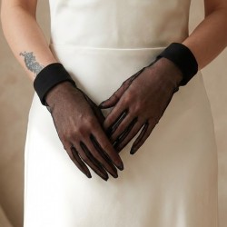 Noirvelle Sheer Siyah T&uuml;l Eldiven &ndash; Manşetli Kısa L&uuml;ks Gelin ve Davet Aksesuarı-NOIRVELLE-2