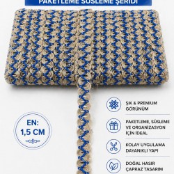 Saks Mavi Nuvessa Hasır &Ccedil;apraz Tasarım Dekoratif Şerit 1 Metre Paketleme S&uuml;sleme Şeridi-NUVESSA-2