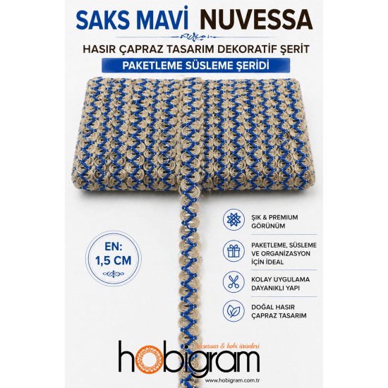 Saks Mavi Nuvessa Hasır &Ccedil;apraz Tasarım Dekoratif Şerit 1 Metre Paketleme S&uuml;sleme Şeridi-NUVESSA-2