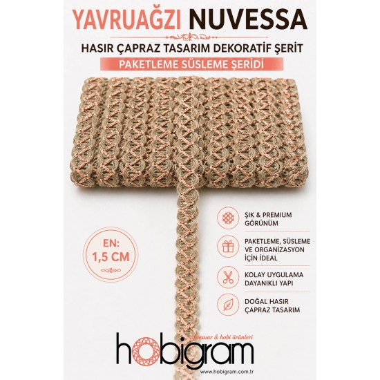 Yavruağzı Nuvessa Hasır &Ccedil;apraz Tasarım Dekoratif Şerit 1 Metre Paketleme S&uuml;sleme Şeridi-NUVESSA-3