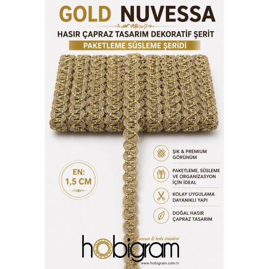 Gold Nuvessa Hasır &Ccedil;apraz Tasarım Dekoratif Şerit 1 Metre Paketleme S&uuml;sleme Şeridi-NUVESSA-4