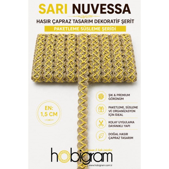 Sarı Nuvessa Hasır &Ccedil;apraz Tasarım Dekoratif Şerit 1 Metre Paketleme S&uuml;sleme Şeridi-NUVESSA-8