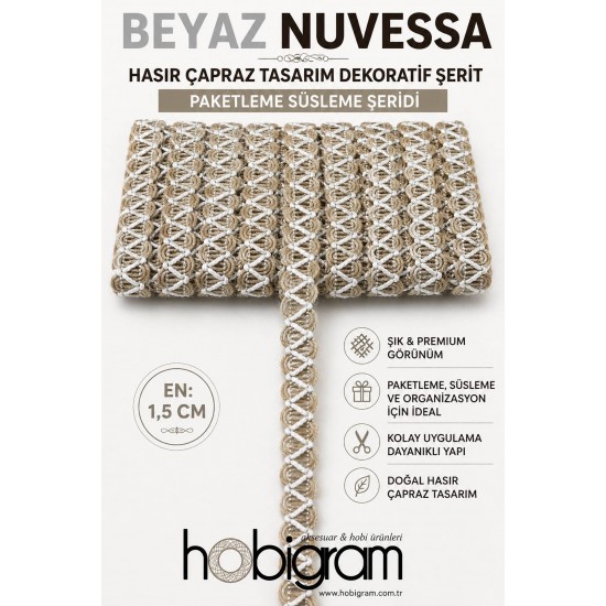 Beyaz Nuvessa Hasır &Ccedil;apraz Tasarım Dekoratif Şerit 1 Metre Paketleme S&uuml;sleme Şeridi-NUVESSA-9