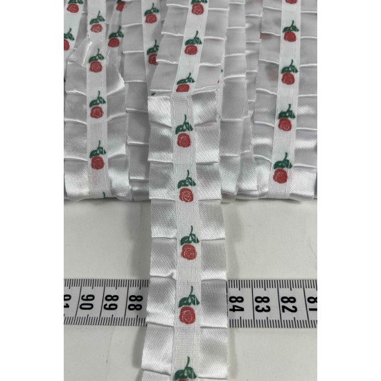 Beyaz G&uuml;l Desenli Organze Fırfır Şerit &ndash; Volanlı Romantik S&uuml;sleme Şeridi 1 Metre-ORGANLISSE-11