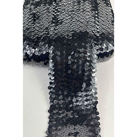 Siyah Glitterexa Komple Pullu Likralı Şerit 9 Cm &ndash; Esnek Payetli Sahne ve Kost&uuml;m Şeridi 1 Metre-PULLULIKRALI-1