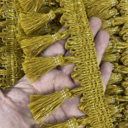 Koyu Hardal Sarı Simli Topuzlu Saçak Şerit Püskül-PUSKUL-1069 Koyu Hardal Sarı Simli Topuzlu Saçak Şerit Püskül-PUSKUL-1069