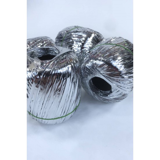 Gümüş Renk Metalik Parlak Rafya İp 1 Top 50 Gram 110 Metre-RAF-1013