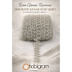 Krem G&uuml;m&uuml;ş Raviona Dekoratif Kenar S&uuml;s&uuml; Şerit &ndash; El İşi S&uuml;sleme Şeridi 1 Metre-RAVIONA-100