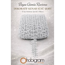 Beyaz G&uuml;m&uuml;ş Raviona Dekoratif Kenar S&uuml;s&uuml; Şerit &ndash; El İşi S&uuml;sleme Şeridi 1 Metre-RAVIONA-101