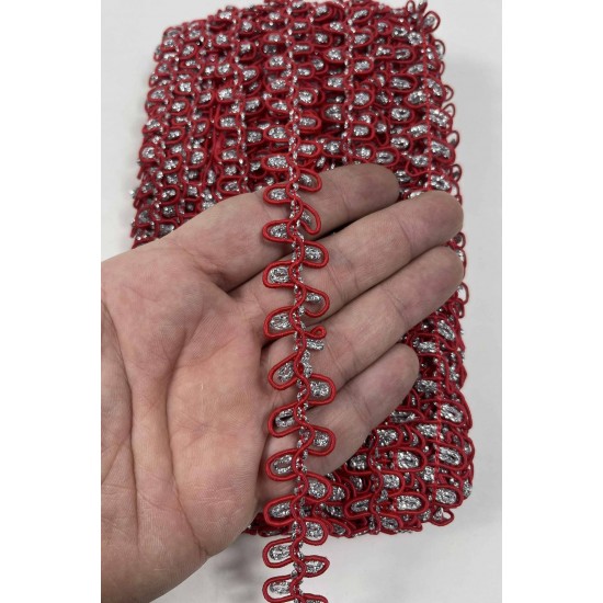 Kırmızı G&uuml;m&uuml;ş Raviona Dekoratif Kenar S&uuml;s&uuml; Şerit &ndash; El İşi S&uuml;sleme Şeridi 1 Metre-RAVIONA-103