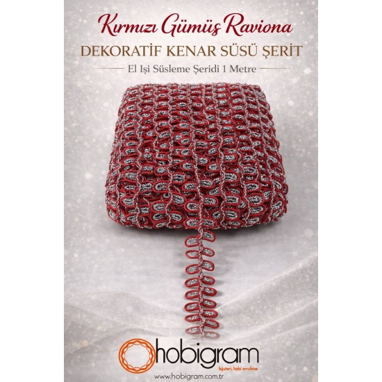 Kırmızı G&uuml;m&uuml;ş Raviona Dekoratif Kenar S&uuml;s&uuml; Şerit &ndash; El İşi S&uuml;sleme Şeridi 1 Metre-RAVIONA-103