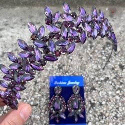 Regina Mor Gelin Kına Tacı Özel Gün Aksesuar Kadın Taç Ve Üç Mekik Küpe Takımı-REGINA-14 Regina Mor Gelin Kına Tacı Özel Gün Aksesuar Kadın Taç Ve Üç Mekik Küpe Takımı-REGINA-14