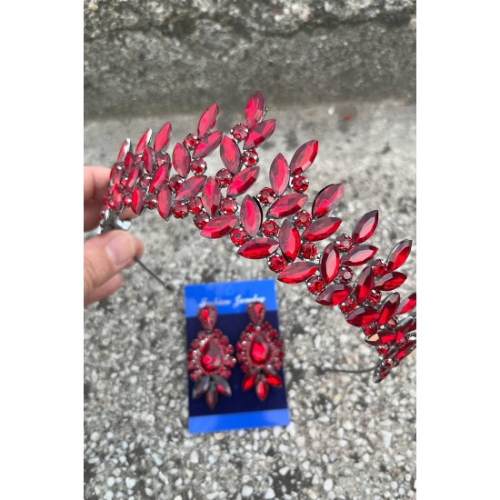 Regina Bordo Gelin Kına Tacı Özel Gün Aksesuar Kadın Taç Ve Üç Mekik Küpe Takımı-REGINA-18 Regina Bordo Gelin Kına Tacı Özel Gün Aksesuar Kadın Taç Ve Üç Mekik Küpe Takımı-REGINA-18