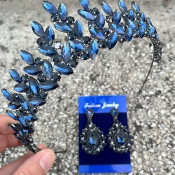 Regina Lacivert Gelin Kına Tacı Özel Gün Aksesuar Kadın Taç Ve Damla Mekik Küpe Takımı-REGINA-20 Regina Lacivert Gelin Kına Tacı Özel Gün Aksesuar Kadın Taç Ve Damla Mekik Küpe Takımı-REGINA-20