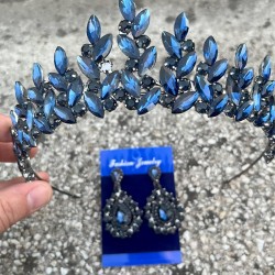 Regina Lacivert Gelin Kına Tacı Özel Gün Aksesuar Kadın Taç Ve Damla Mekik Küpe Takımı-REGINA-20 Regina Lacivert Gelin Kına Tacı Özel Gün Aksesuar Kadın Taç Ve Damla Mekik Küpe Takımı-REGINA-20