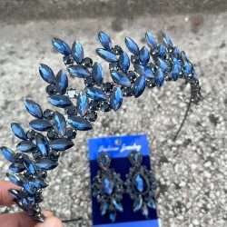 Regina Lacivert Gelin Kına Tacı Özel Gün Aksesuar Kadın Taç Ve Üç Mekik Küpe Takımı-REGINA-21 Regina Lacivert Gelin Kına Tacı Özel Gün Aksesuar Kadın Taç Ve Üç Mekik Küpe Takımı-REGINA-21