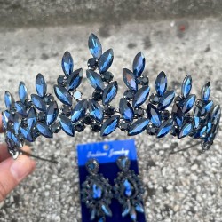 Regina Lacivert Gelin Kına Tacı Özel Gün Aksesuar Kadın Taç Ve Üç Mekik Küpe Takımı-REGINA-21 Regina Lacivert Gelin Kına Tacı Özel Gün Aksesuar Kadın Taç Ve Üç Mekik Küpe Takımı-REGINA-21