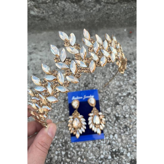 Regina Gold Gelin Kına Tacı Özel Gün Aksesuar Kadın Taç Ve Geniş Mekik Küpe Takımı-REGINA-24 Regina Gold Gelin Kına Tacı Özel Gün Aksesuar Kadın Taç Ve Geniş Mekik Küpe Takımı-REGINA-24