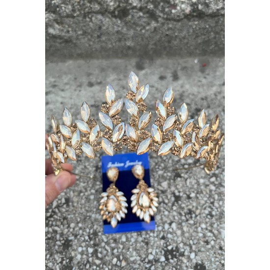 Regina Gold Gelin Kına Tacı Özel Gün Aksesuar Kadın Taç Ve Geniş Mekik Küpe Takımı-REGINA-24 Regina Gold Gelin Kına Tacı Özel Gün Aksesuar Kadın Taç Ve Geniş Mekik Küpe Takımı-REGINA-24