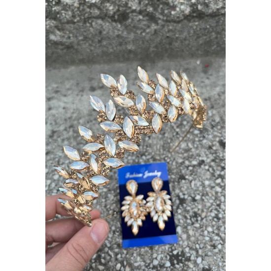 Regina Gold Gelin Kına Tacı Özel Gün Aksesuar Kadın Taç Ve İnce Mekik Küpe Takımı-REGINA-25 Regina Gold Gelin Kına Tacı Özel Gün Aksesuar Kadın Taç Ve İnce Mekik Küpe Takımı-REGINA-25