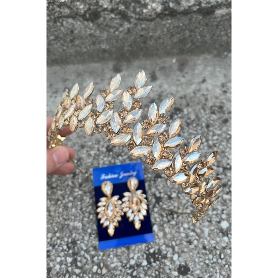 Regina Gold Gelin Kına Tacı Özel Gün Aksesuar Kadın Taç Ve İnce Mekik Küpe Takımı-REGINA-25 Regina Gold Gelin Kına Tacı Özel Gün Aksesuar Kadın Taç Ve İnce Mekik Küpe Takımı-REGINA-25