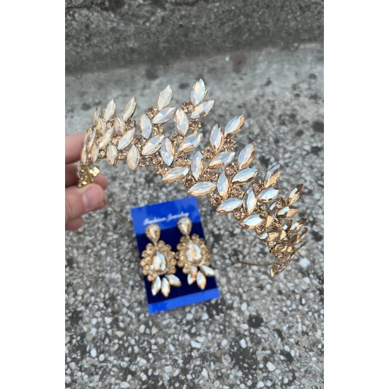 Regina Gold Gelin Kına Tacı Özel Gün Aksesuar Kadın Taç Ve Üç Mekik Küpe Takımı-REGINA-26 Regina Gold Gelin Kına Tacı Özel Gün Aksesuar Kadın Taç Ve Üç Mekik Küpe Takımı-REGINA-26