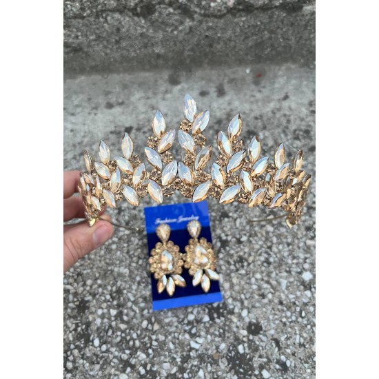 Regina Gold Gelin Kına Tacı Özel Gün Aksesuar Kadın Taç Ve Üç Mekik Küpe Takımı-REGINA-26 Regina Gold Gelin Kına Tacı Özel Gün Aksesuar Kadın Taç Ve Üç Mekik Küpe Takımı-REGINA-26