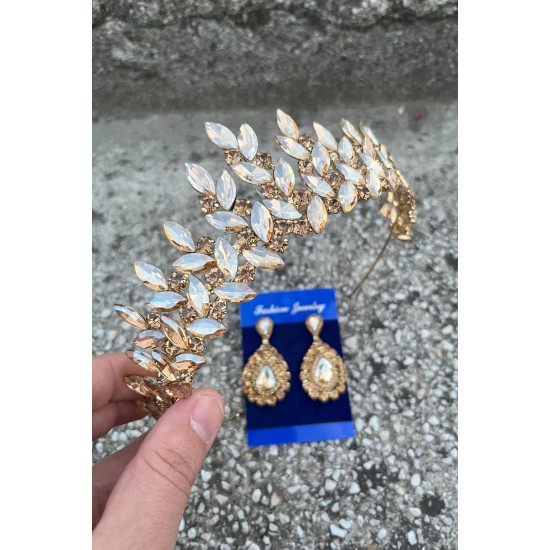 Regina Gold Gelin Kına Tacı Özel Gün Aksesuar Kadın Taç Ve Damla Mekik Küpe Takımı-REGINA-27 Regina Gold Gelin Kına Tacı Özel Gün Aksesuar Kadın Taç Ve Damla Mekik Küpe Takımı-REGINA-27