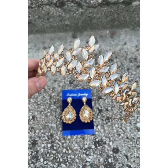 Regina Gold Gelin Kına Tacı Özel Gün Aksesuar Kadın Taç Ve Damla Mekik Küpe Takımı-REGINA-27 Regina Gold Gelin Kına Tacı Özel Gün Aksesuar Kadın Taç Ve Damla Mekik Küpe Takımı-REGINA-27