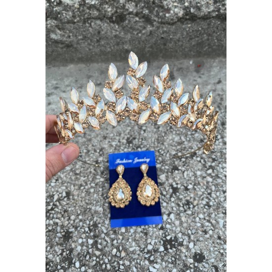 Regina Gold Gelin Kına Tacı Özel Gün Aksesuar Kadın Taç Ve Damla Mekik Küpe Takımı-REGINA-27 Regina Gold Gelin Kına Tacı Özel Gün Aksesuar Kadın Taç Ve Damla Mekik Küpe Takımı-REGINA-27