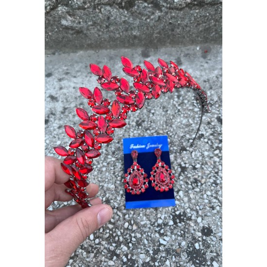 Regina Kırmızı Gelin Kına Tacı Özel Gün Aksesuar Kadın Taç Ve Damla Mekik Küpe Takımı-REGINA-28 Regina Kırmızı Gelin Kına Tacı Özel Gün Aksesuar Kadın Taç Ve Damla Mekik Küpe Takımı-REGINA-28