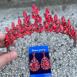 Regina Kırmızı Gelin Kına Tacı Özel Gün Aksesuar Kadın Taç Ve Damla Mekik Küpe Takımı-REGINA-28 Regina Kırmızı Gelin Kına Tacı Özel Gün Aksesuar Kadın Taç Ve Damla Mekik Küpe Takımı-REGINA-28