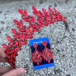 Regina Kırmızı Gelin Kına Tacı Özel Gün Aksesuar Kadın Taç Ve Geniş Mekik Küpe Takımı-REGINA-29 Regina Kırmızı Gelin Kına Tacı Özel Gün Aksesuar Kadın Taç Ve Geniş Mekik Küpe Takımı-REGINA-29