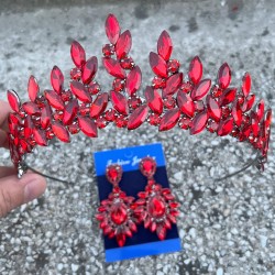 Regina Kırmızı Gelin Kına Tacı Özel Gün Aksesuar Kadın Taç Ve Geniş Mekik Küpe Takımı-REGINA-29 Regina Kırmızı Gelin Kına Tacı Özel Gün Aksesuar Kadın Taç Ve Geniş Mekik Küpe Takımı-REGINA-29