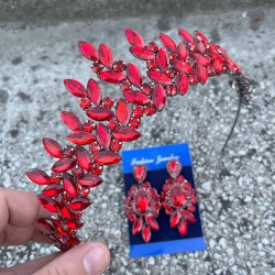 Regina Kırmızı Gelin Kına Tacı Özel Gün Aksesuar Kadın Taç Ve Üç Mekik Küpe Takımı-REGINA-30 Regina Kırmızı Gelin Kına Tacı Özel Gün Aksesuar Kadın Taç Ve Üç Mekik Küpe Takımı-REGINA-30